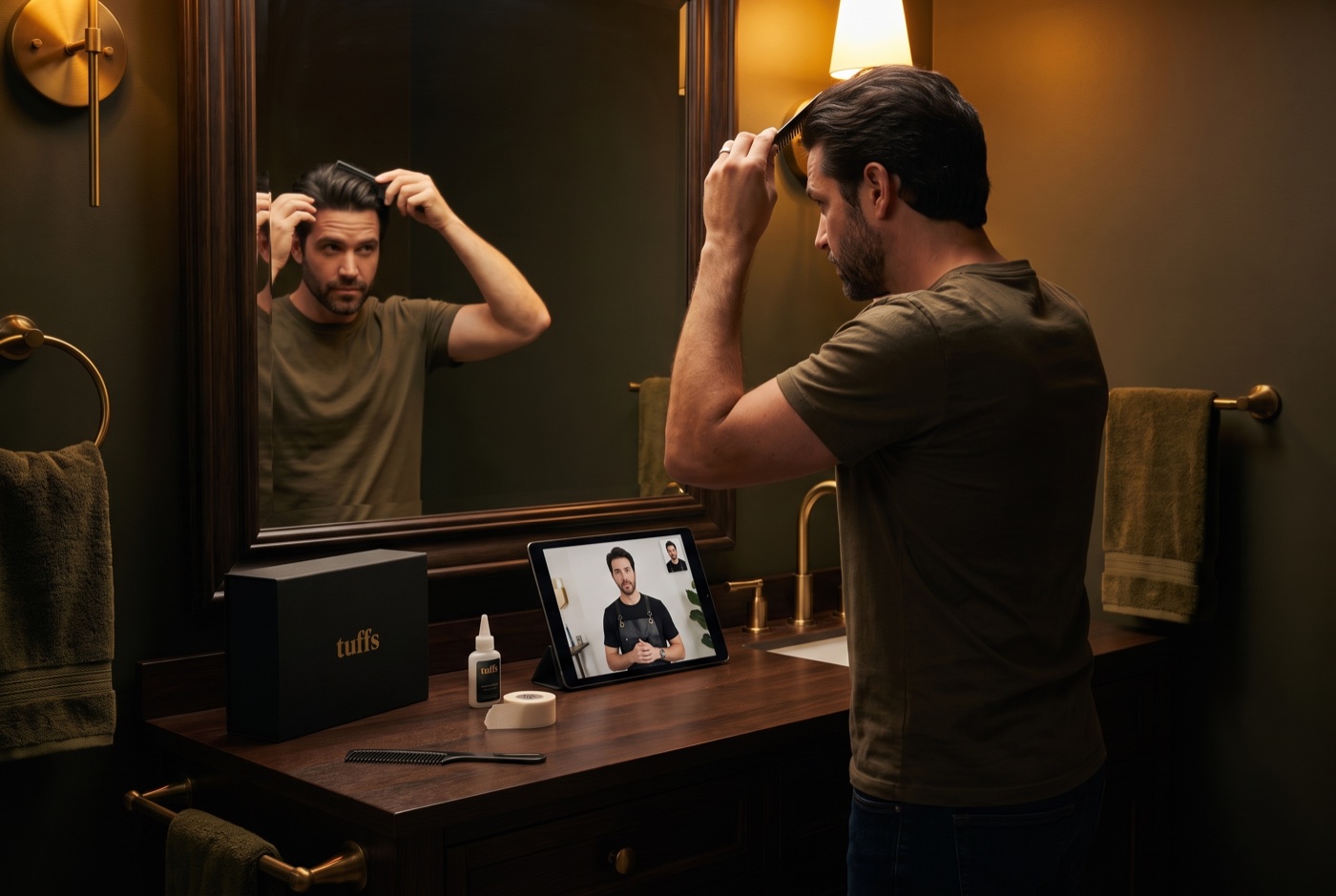 Styling at home with a Tuffs stylist guiding on a video call, the kit laid out on the vanity