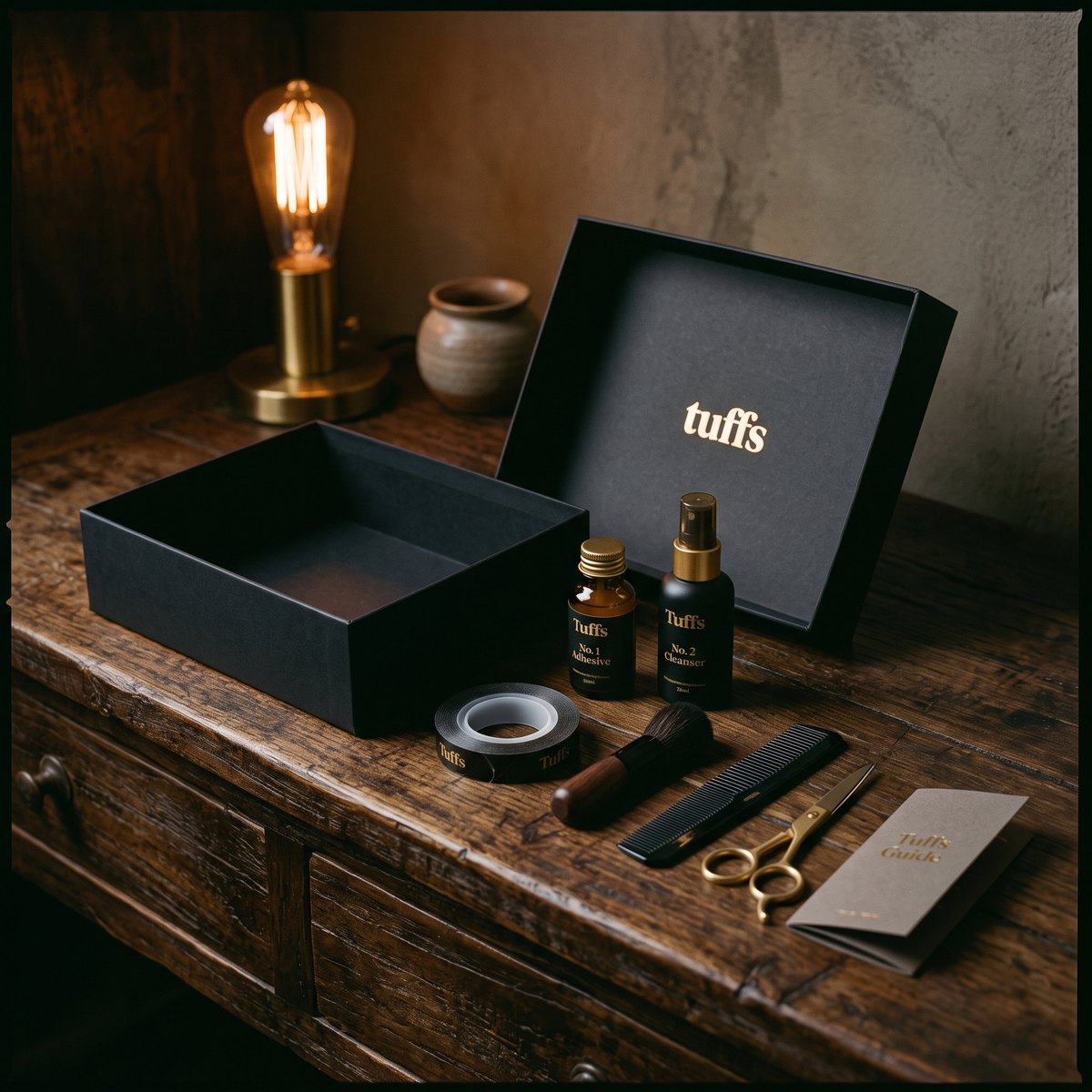 The Tuffs Home Pack: the signature box with the adhesive, cleanser, tape, tools and guide laid out