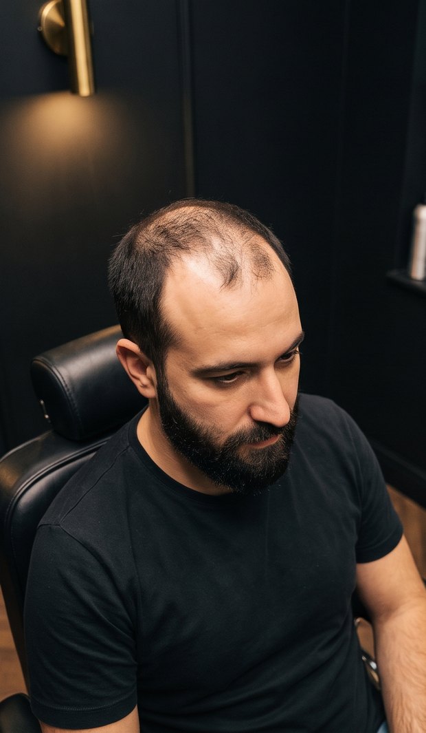Before: a client in the Tuffs chair, head down, showing a thinning crown