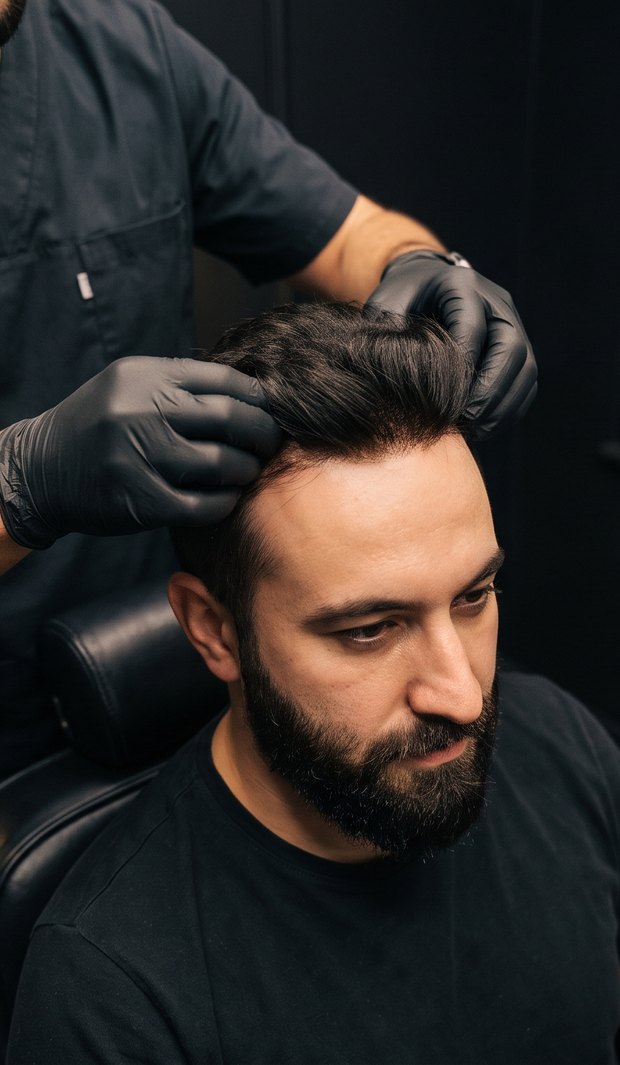 Fitted: the custom hair system being blended at the hairline